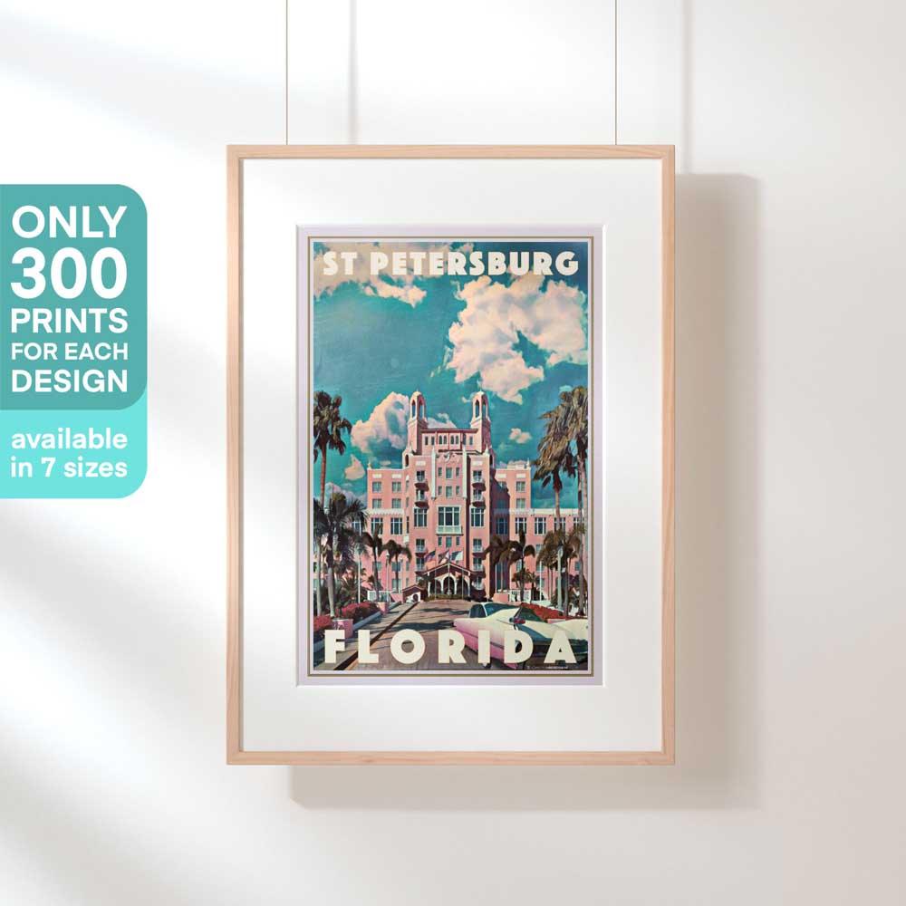 St Petersburg Don CeSar travel poster, limited edition displayed in a hanging frame, showcasing its exclusivity