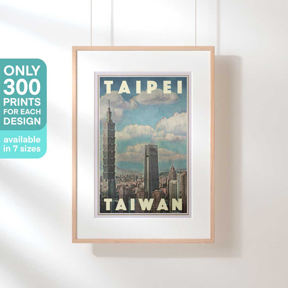 Framed Taipei skyline vintage travel poster hanging on a wall, highlighting its retro aesthetic