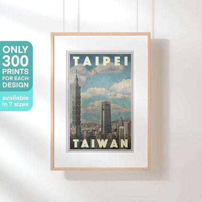 Framed Taipei skyline vintage travel poster hanging on a wall, highlighting its retro aesthetic