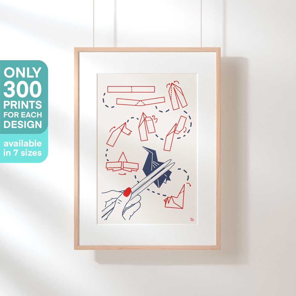 Limited edition art print titled ‘Chopsticks Origami’ by Cha for Vintage Exotics™, framed and displayed. A minimalist yet sophisticated design inspired by South Asian Pop art from the 60s and 70s, available in 7 sizes and part of a series of 300 prints