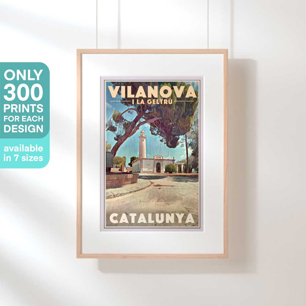 Vilanova i la Geltru poster 'Lighthouse Serenity' by Alecse™ displayed in a hanging frame with limited edition mention (300ex).