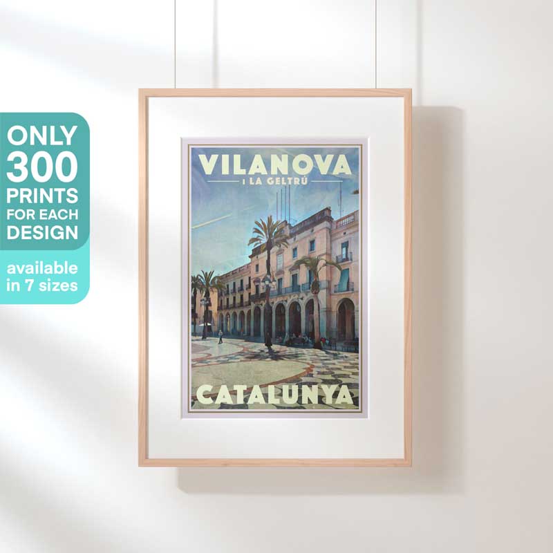 Vilanova i la Geltru poster 'City Hall Elegance' by Alecse™ displayed in a hanging frame with limited edition mention (300ex).
