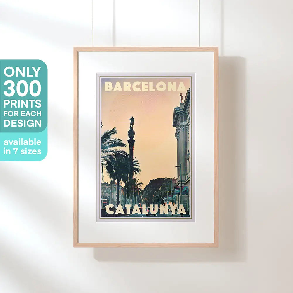 Barcelona Columbus Monument framed poster with limited edition of 300 prints mention, sunset vintage wall art by Alecse
