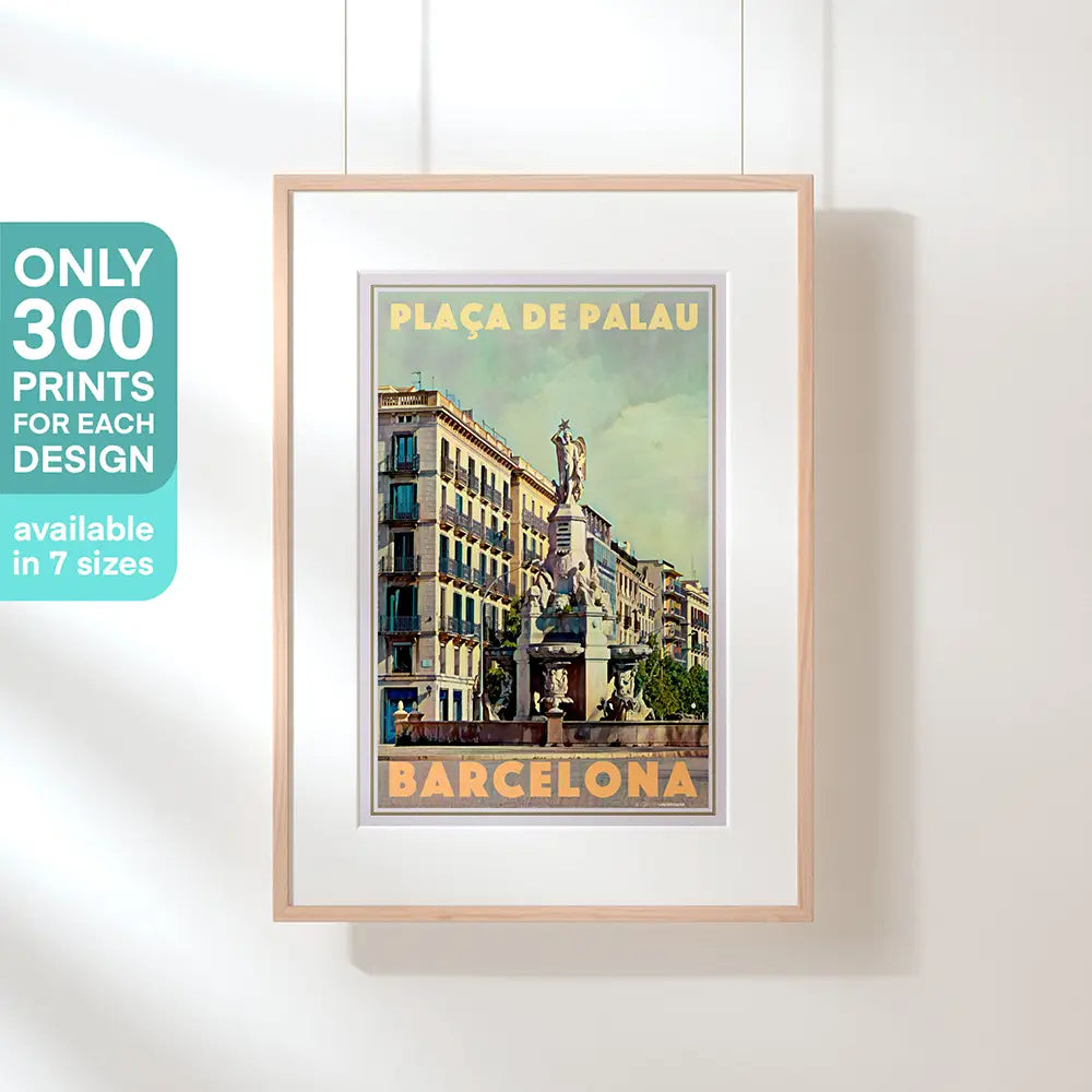 Plaça de Palau Barcelona poster by Alecse framed on wall with “only 300 prints” limited edition sign, vintage travel wall art