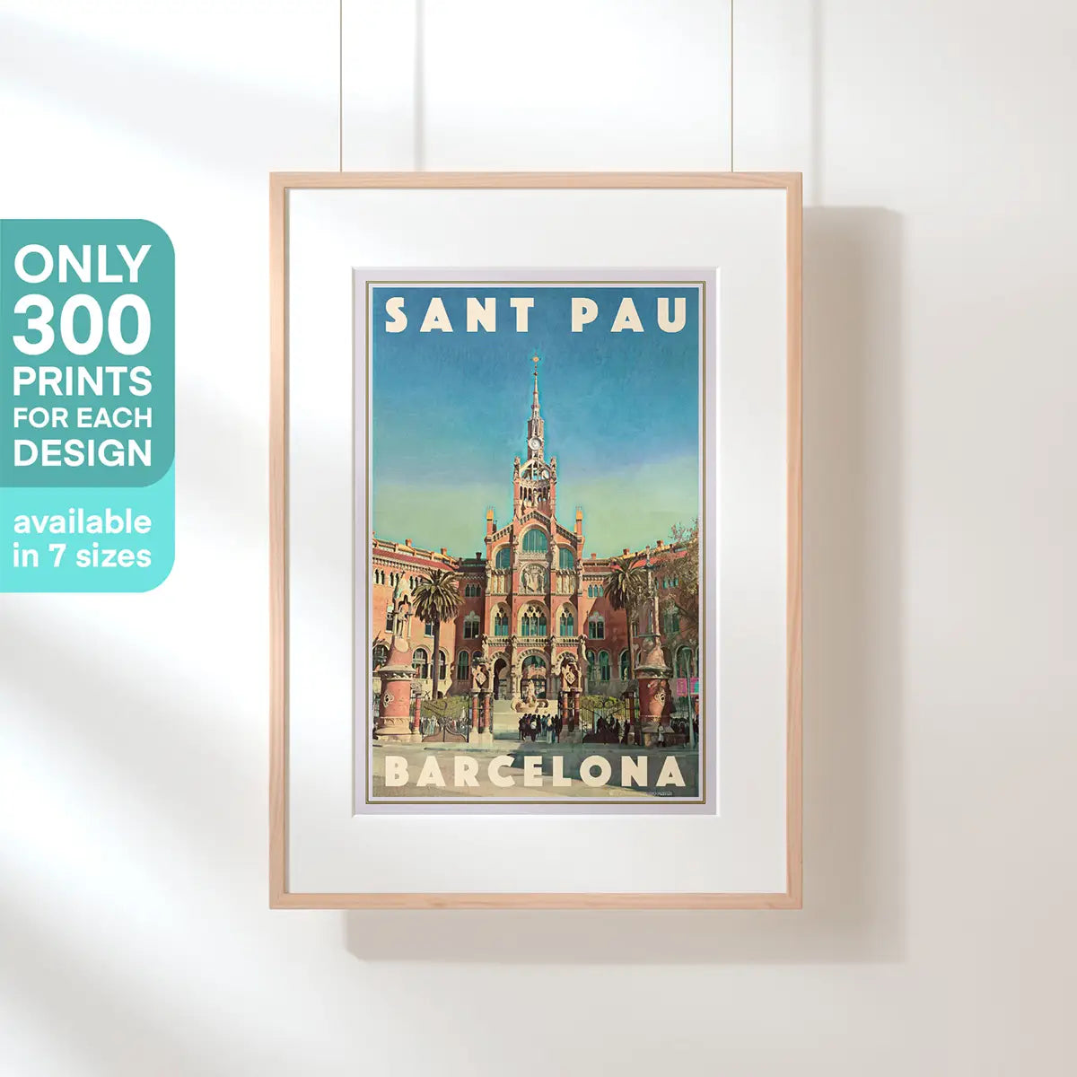 Sant Pau Barcelona framed poster with limited edition of 300 prints mention, vintage architectural wall art