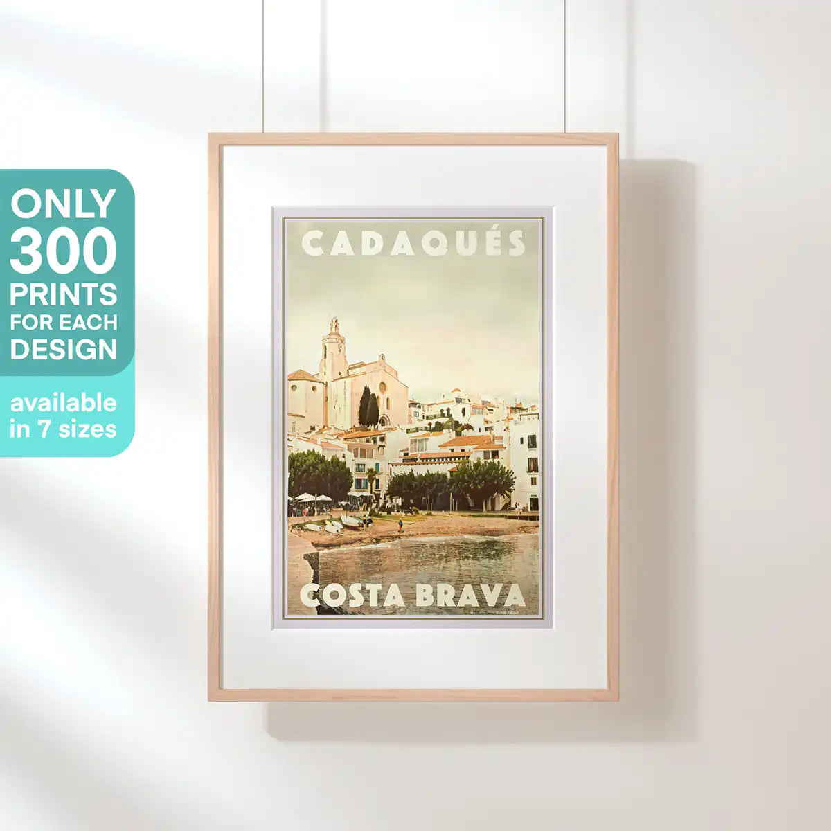 Cadaqués Church vintage travel poster showing the iconic Costa Brava village and waterfront