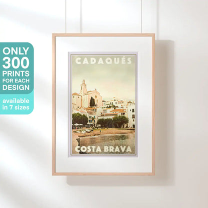 Cadaqués Church vintage travel poster showing the iconic Costa Brava village and waterfront