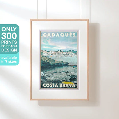 Framed Cadaqués Memories poster featuring the picturesque harbour and whitewashed houses of Cadaqués