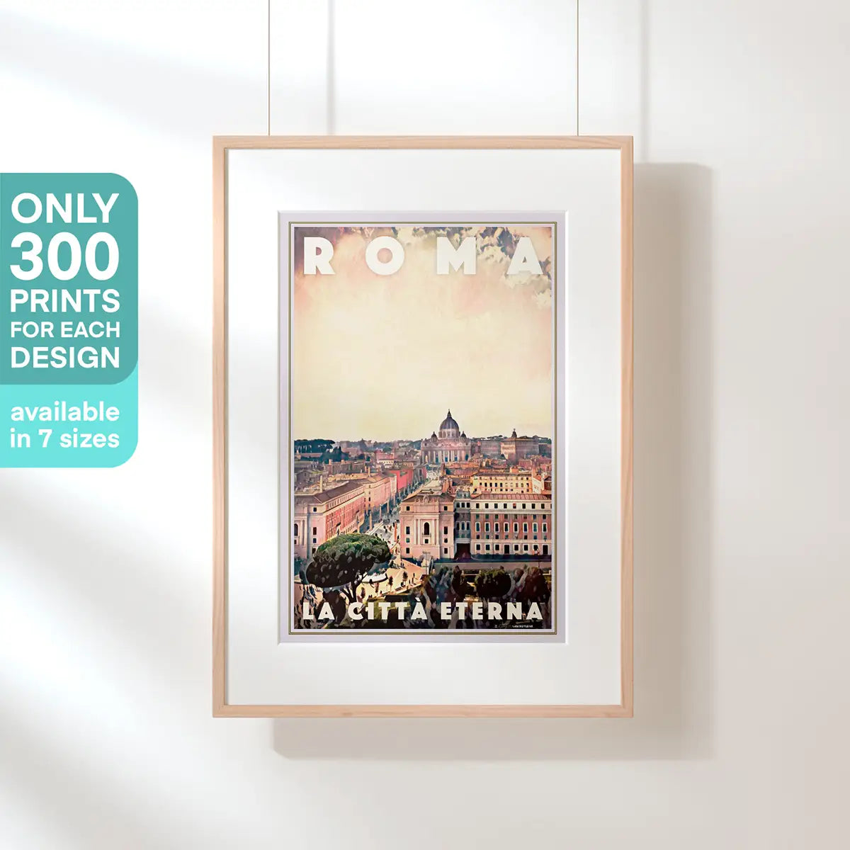 Framed Rome Vatican travel poster featuring the skyline of Rome with St Peter’s Basilica and the Vatican
