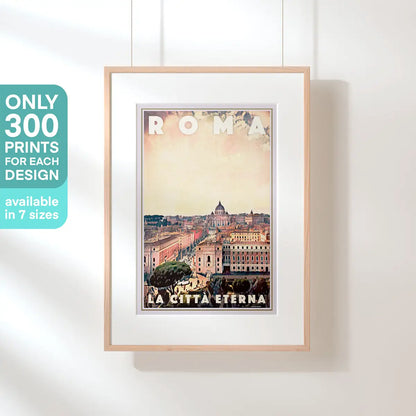 Framed Rome Vatican travel poster featuring the skyline of Rome with St Peter’s Basilica and the Vatican