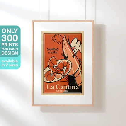 Limited edition Gambas Poster La Cantina by Cha featuring a cheerful shrimp chef serving Gambas al Ajillo in a vintage Barcelona restaurant advertisement style, edition of 300 prints