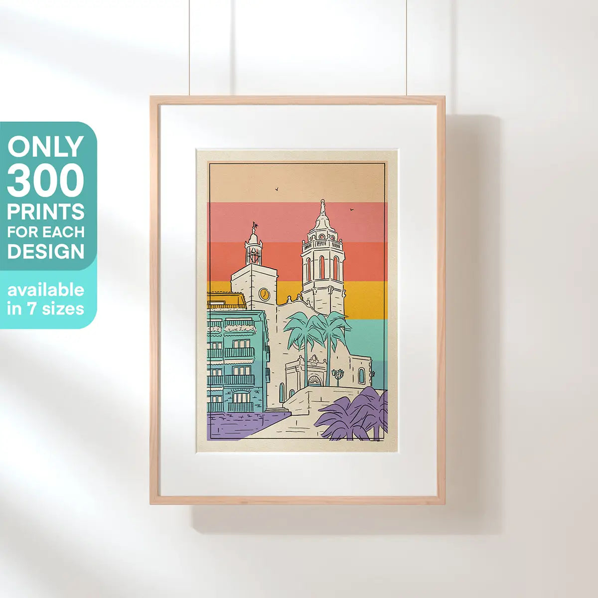 Hanging Sitges Rainbow art print by Cha celebrating the welcoming spirit of Sitges with colourful Mediterranean design