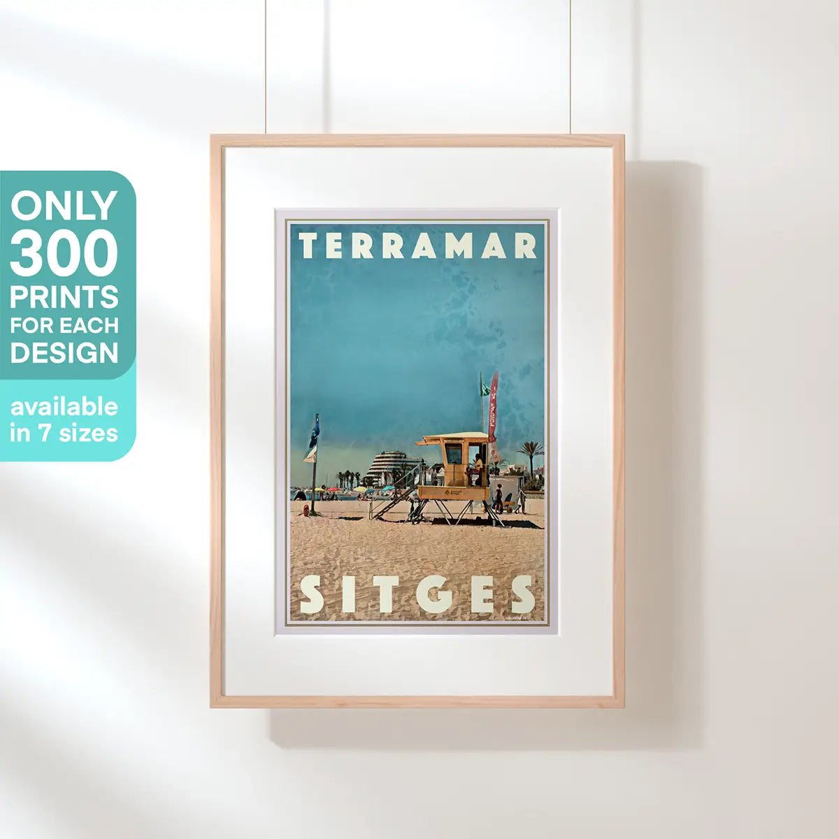 Terramar Beach Poster Sitges by Alecse displayed in a natural wood frame, limited edition of 300 prints