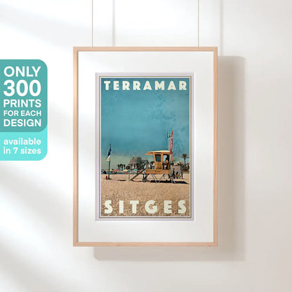 Terramar Beach Poster Sitges by Alecse displayed in a natural wood frame, limited edition of 300 prints