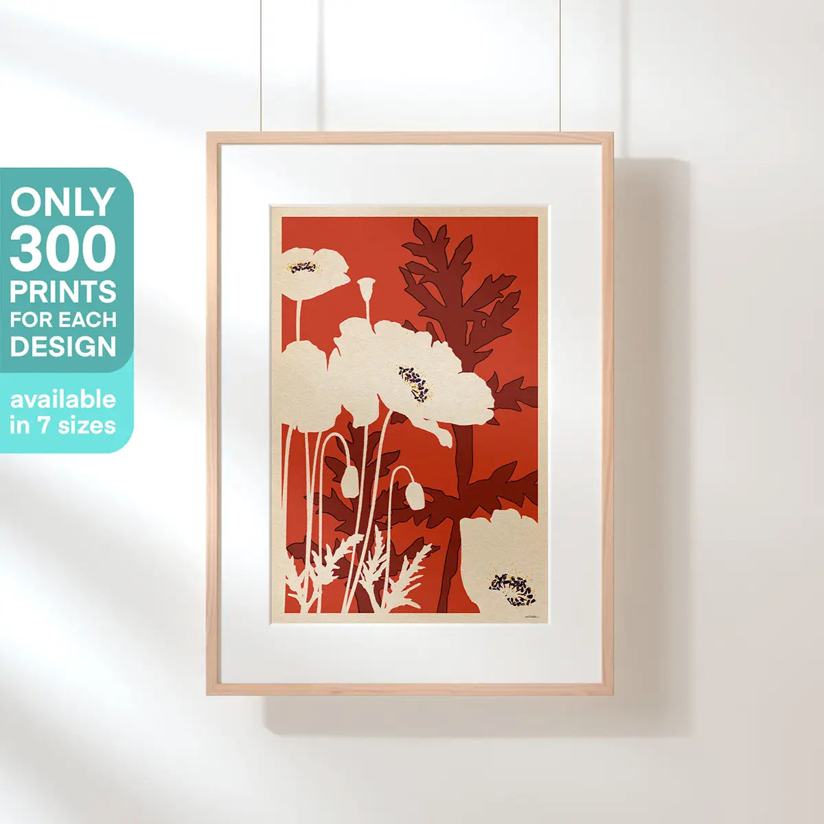 poppy flower poster papaver rhoeas framed wall art bold red background white floral silhouettes limited edition 300 prints