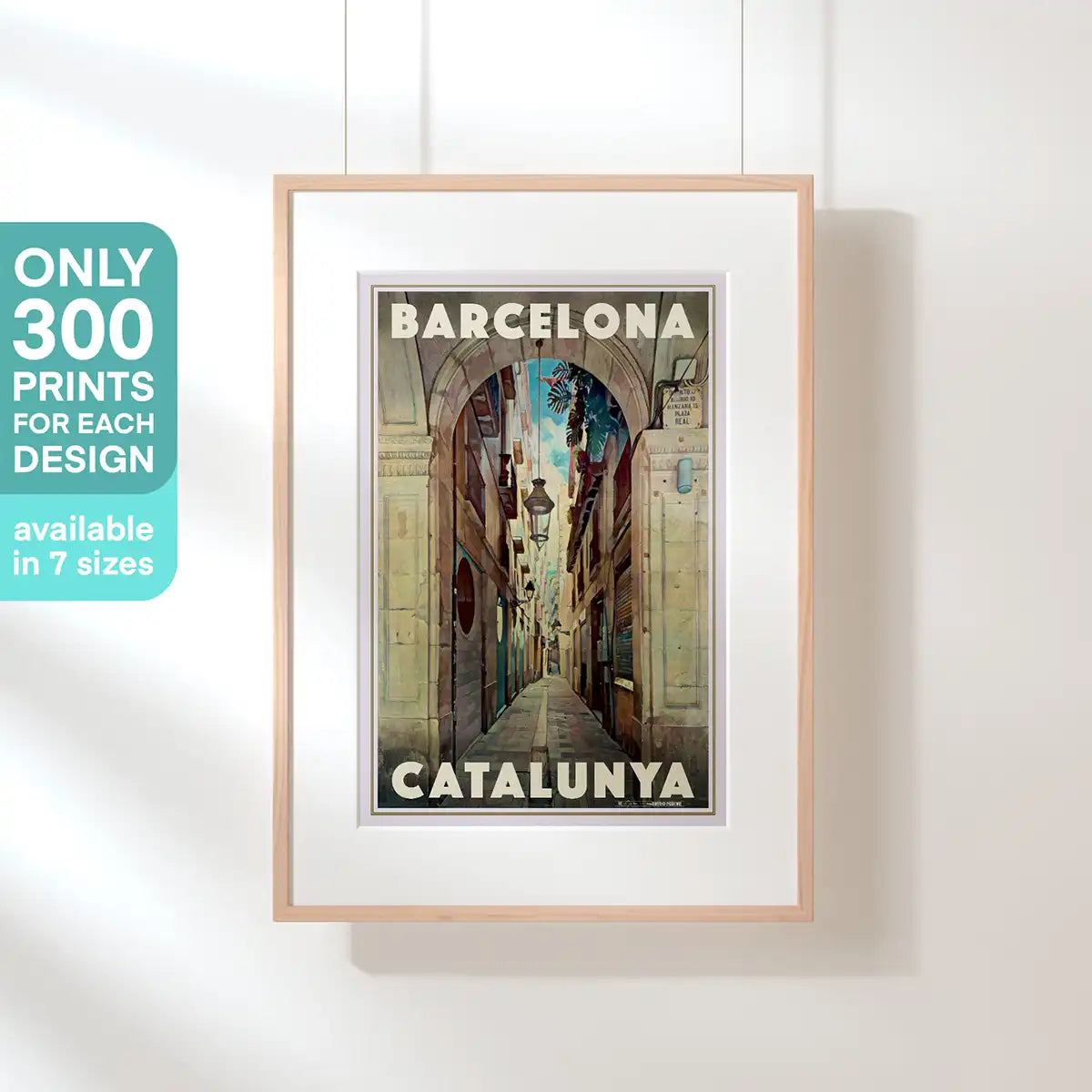 Limited edition Barcelona Gothic Quarter poster displayed in a natural wood frame with 300-print certification