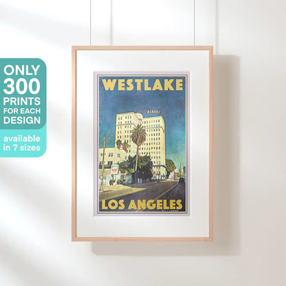 Framed vintage Westlake Los Angeles poster by Alecse, limited edition of 300, displayed on a white wall with soft daylight