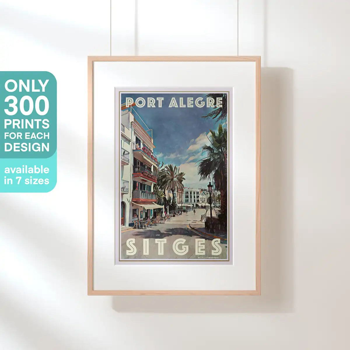 Limited edition Port Alegre Sitges poster by Alecse framed on wall, only 300 prints available, retro travel art.