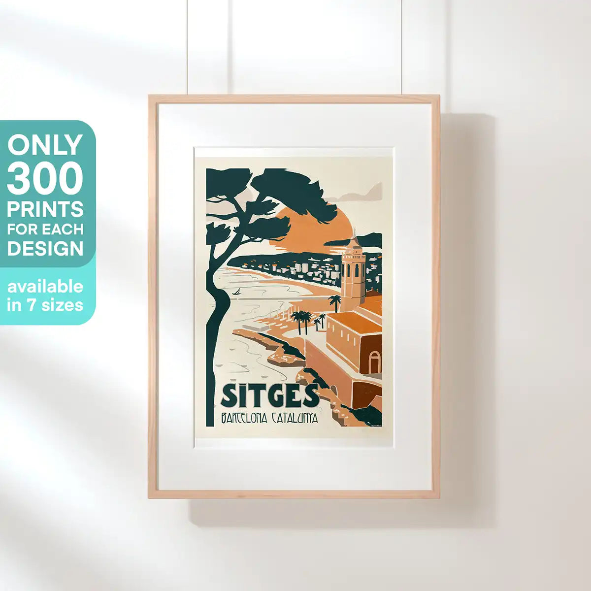 Sitges Bay poster displayed in frame with badge saying 300 prints only – minimalist vintage coastal decor in soft tones