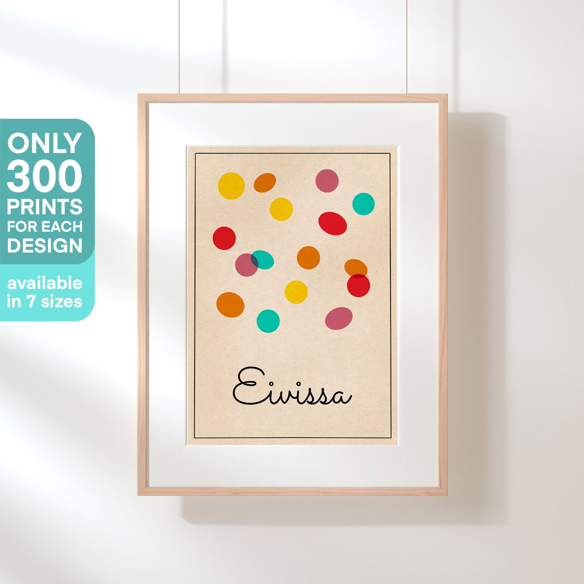 Minimalist 'Eivissa Bubbles' poster by Cha™ displayed in a stylish hanging frame, 300ex only