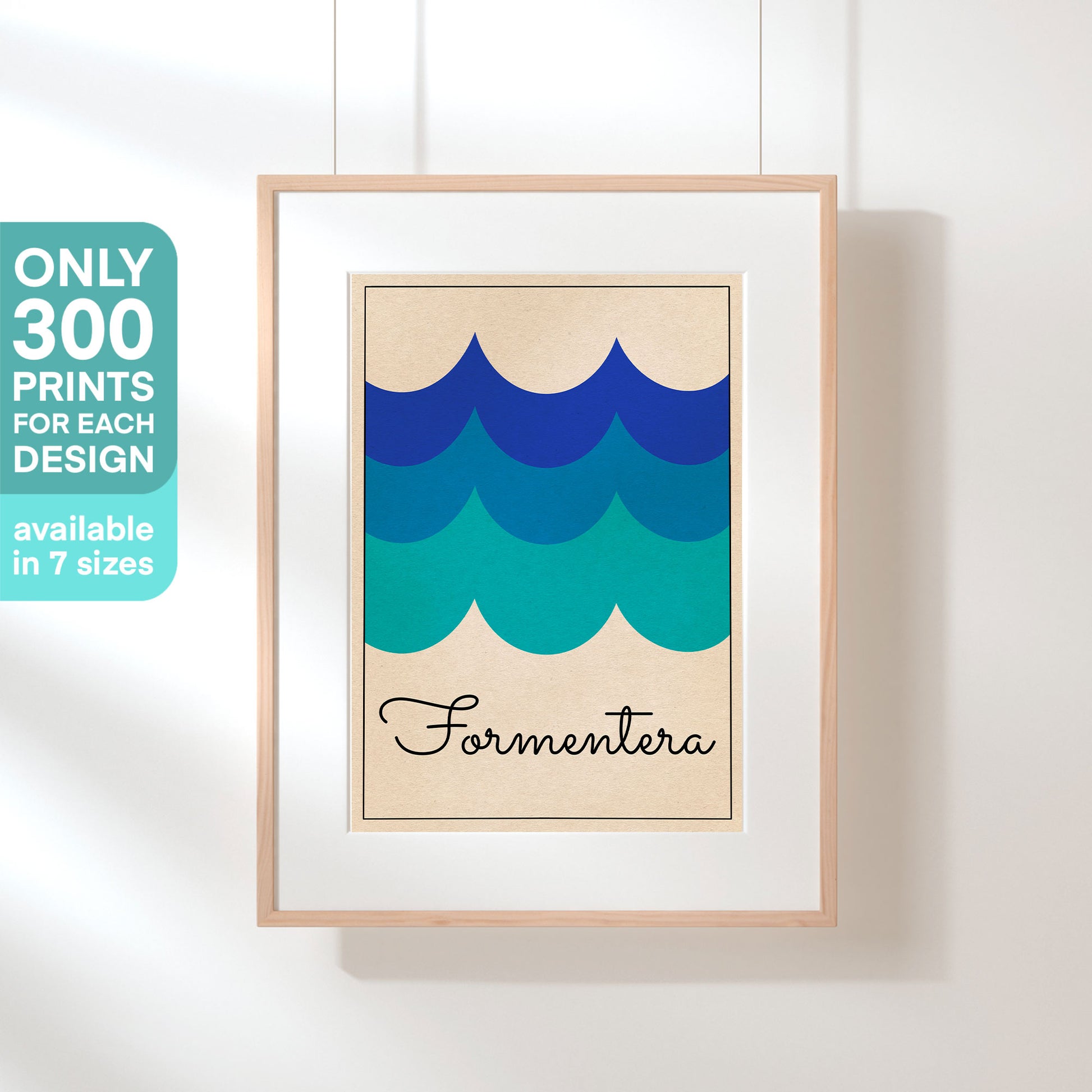 Minimalist 'Formentera Waves' poster by Cha™ displayed in a stylish hanging frame, 300ex