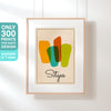 Minimalist 'Sitges Sunsails' poster by Cha™ displayed in a stylish hanging frame 300ex only