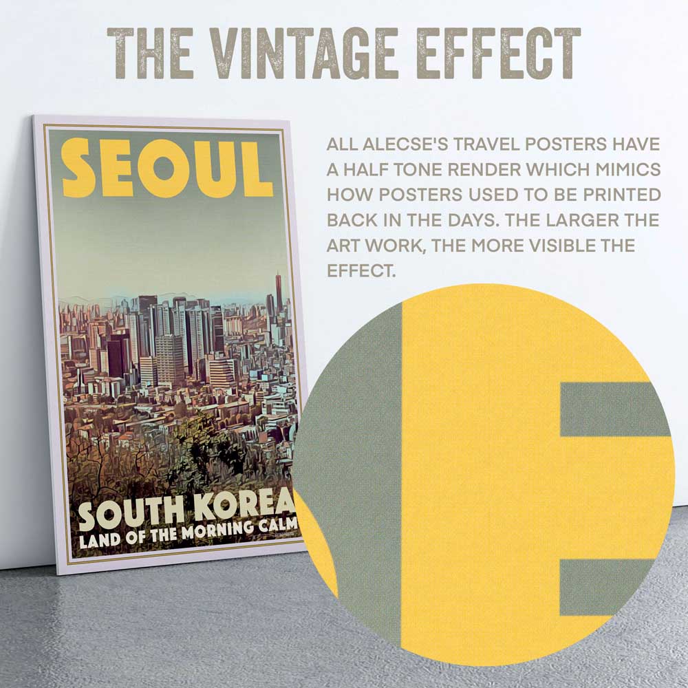 The image is a poster of Seoul, South Korea, with a vintage-style rendering of the cityscape. The poster is described as having a half tone render which mimics how posters were printed in the days, and the larger the art work, the more visible the effect.