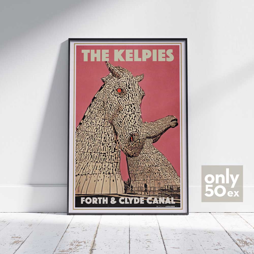 Framed collector poster of The Kelpies, Scotland – limited edition travel art print by Alecse, displayed on white wooden floor