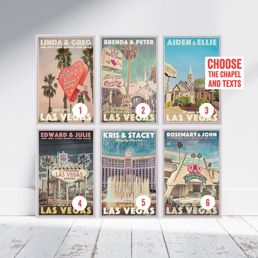 Personalizable posters of Las Vegas wedding chapels, 1 to 6