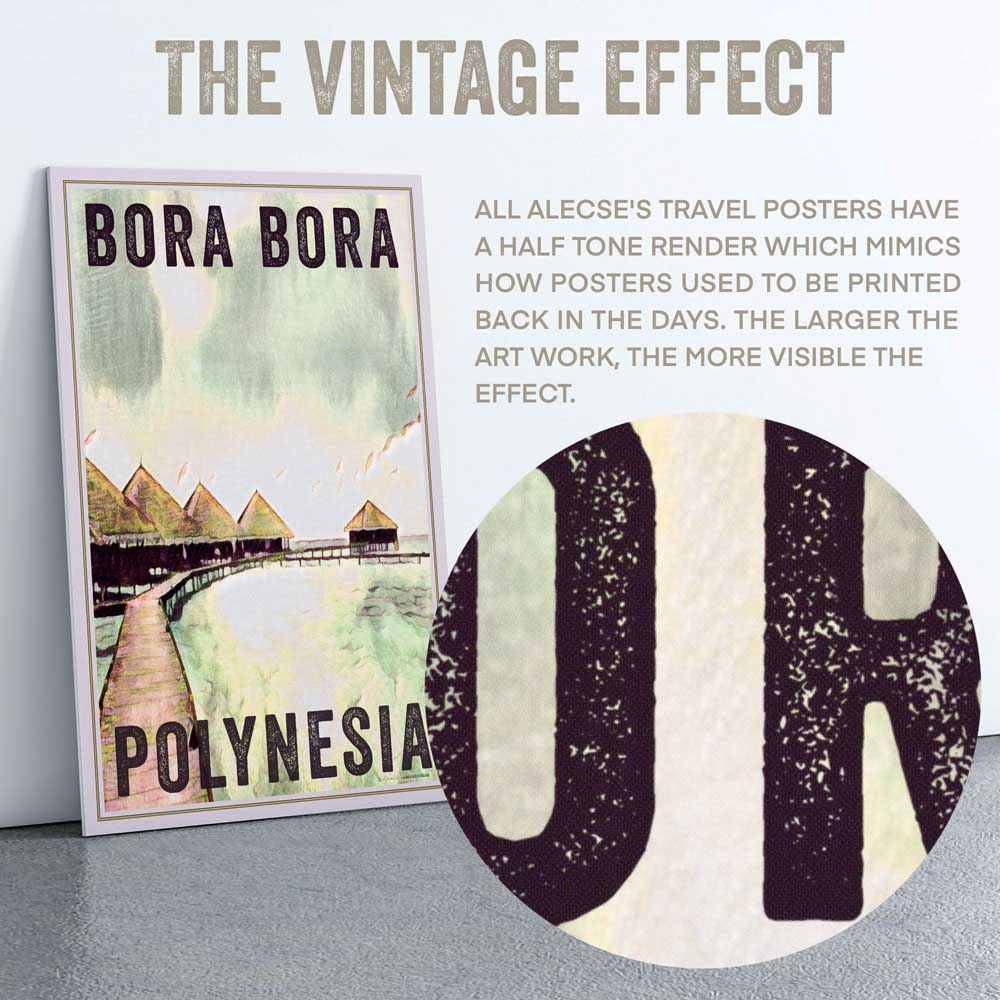The image is a poster for Bora Bora Polynesia, featuring a half-tone render of the island and its surrounding landscape.