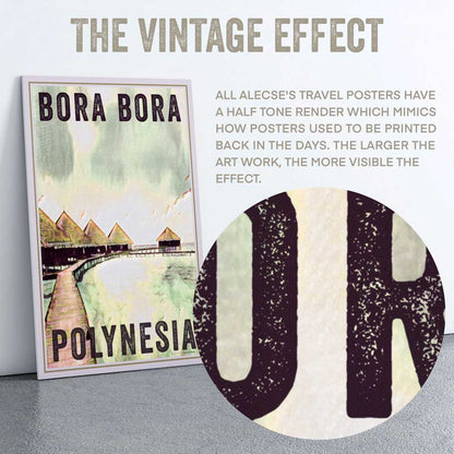 The image is a poster for Bora Bora Polynesia, featuring a half-tone render of the island and its surrounding landscape.