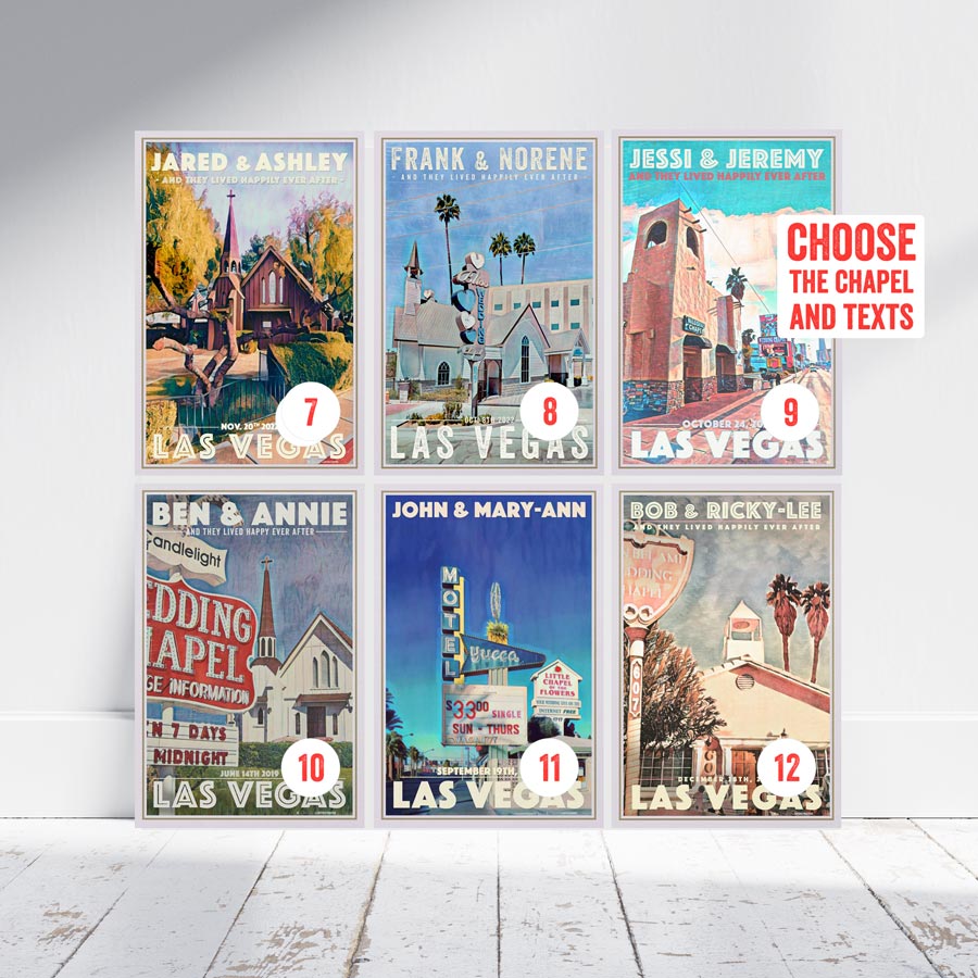 Personalizable posters of Las Vegas wedding chapels, 7 to 12