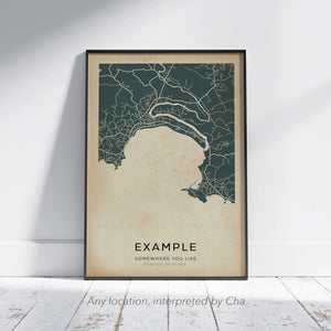 Example of a custom map artwork created by Cha, showing a refined cartographic composition for an unspecified location, designed as a bespoke decorative map poster