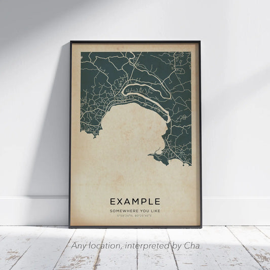 Example of a custom map artwork created by Cha, showing a refined cartographic composition for an unspecified location, designed as a bespoke decorative map poster