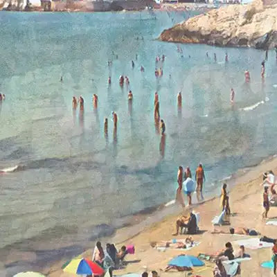 Colorful vintage travel poster detail from the Artful Travels collection by Alecse | Balmins Beach