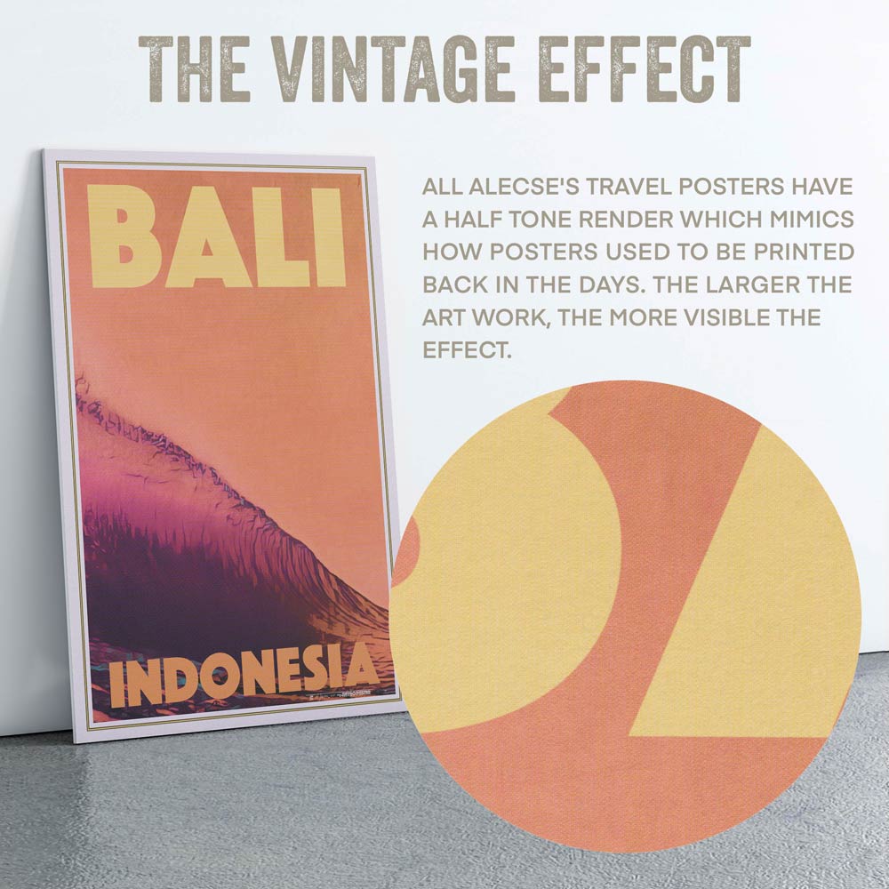 Close-up of "The Wave" Bali poster, featuring the soft focus technique by Alecse and the dramatic surf photography of Luke Cromwell