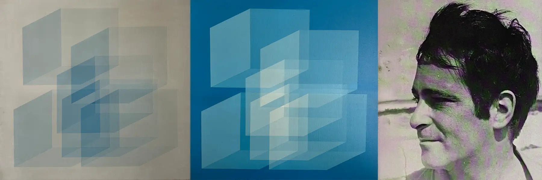 Pair of abstract geometric paintings by Bernard Jardel, featuring layered translucent cubes in light blue and royal blue. The two mirrored artworks are shown alongside a vintage profile portrait of the artist. Pioneer of Optical Surrealism.