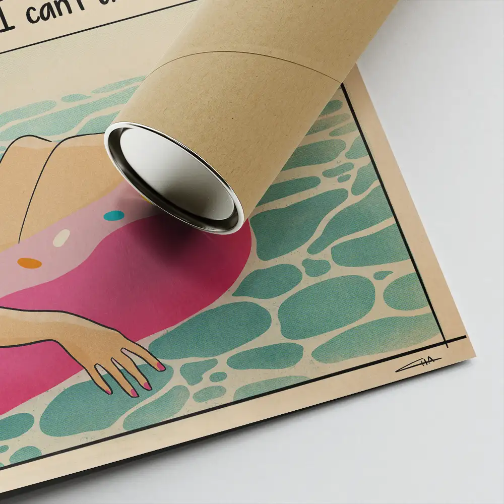 Corner view of I Can’t Adult Today art print rolled for delivery – soft pop studio comic design by Cha