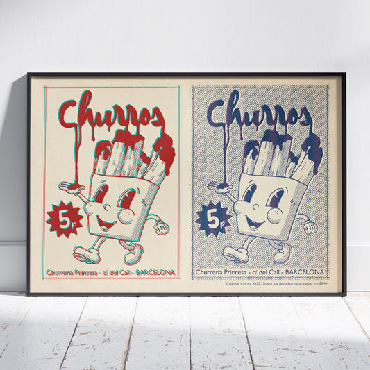 Churros poster by Cha, a beautiful illustration of Barcelona showcasing the famous Spanish delicacy.