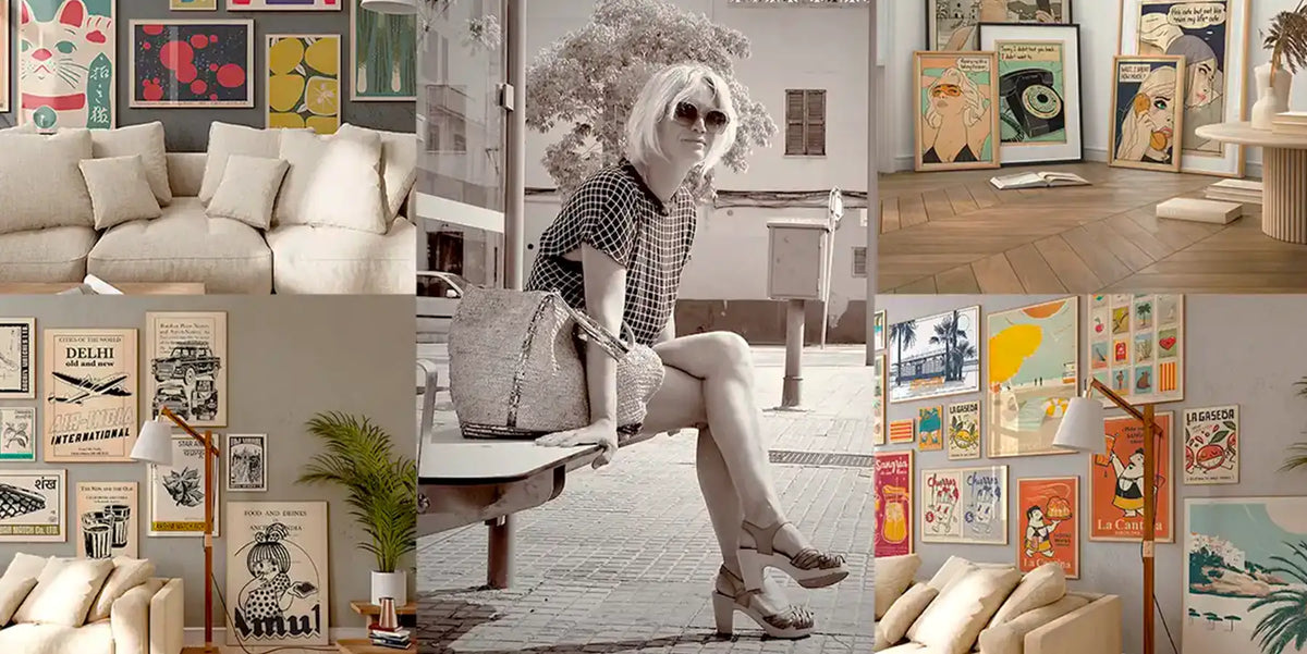Portrait of artist Cha surrounded by her main poster collections, including Vintage Exotics™, The Great Indian Decor™, Soft Pop Studio™ and Spanish Capsule™