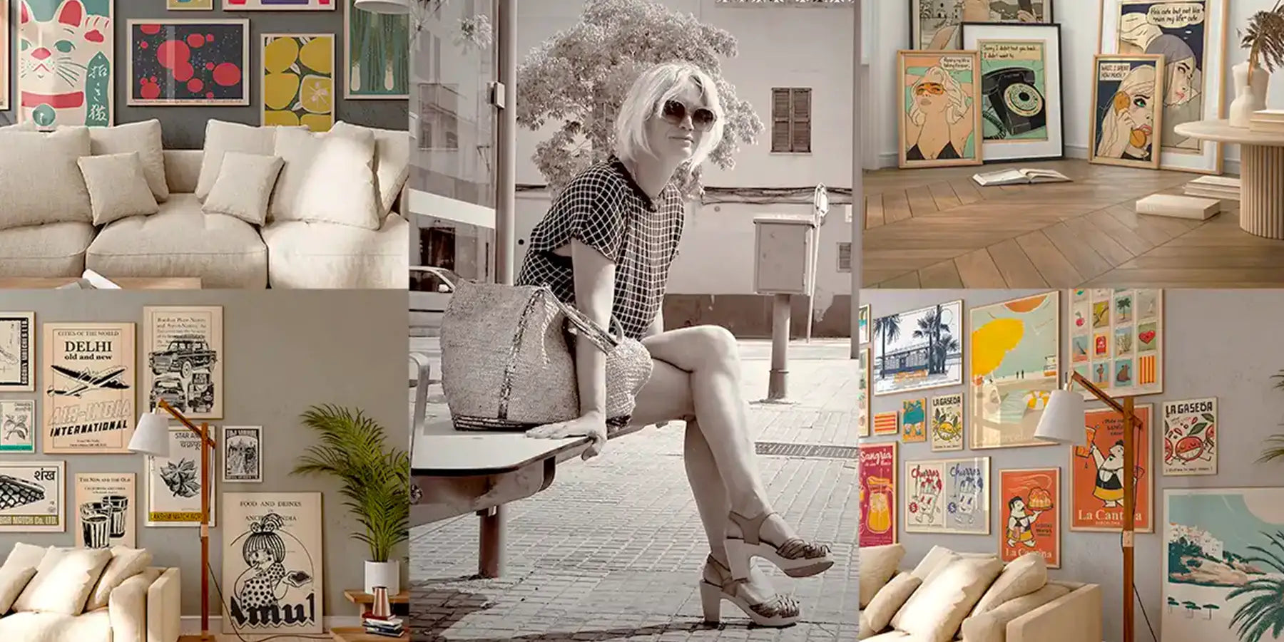 Portrait of artist Cha surrounded by her main poster collections, including Vintage Exotics™, The Great Indian Decor™, Soft Pop Studio™ and Spanish Capsule™