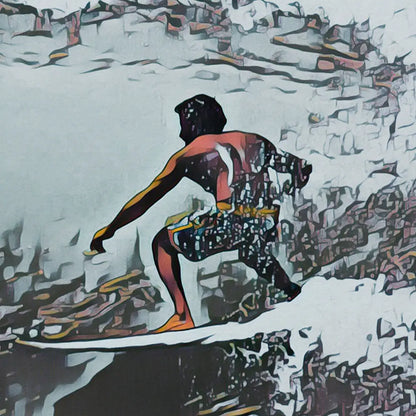 Close-up detail of the Arugam Bay surf poster showing the surfer silhouette, hand-painted textures and visible halftone grain.