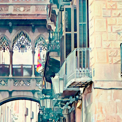 Barcelona Gothic Quarter bridge poster detail showing neo gothic Bisbe bridge between buildings, vintage style by Alecse