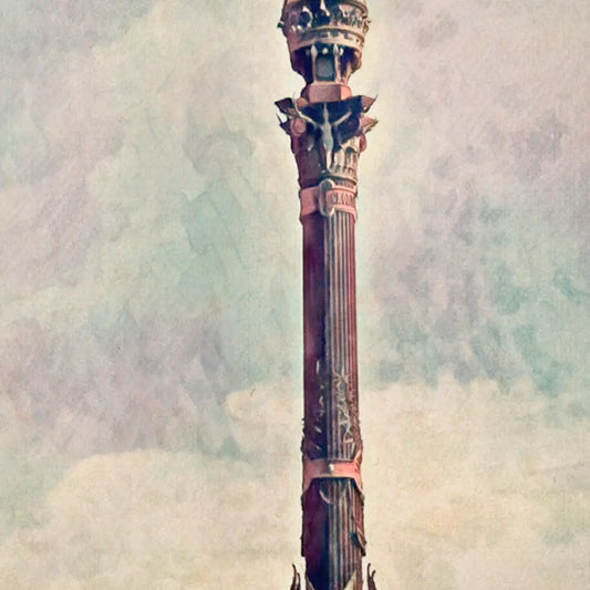 Close-up of Columbus Monument column in Barcelona poster showing halftone vintage texture and architectural details, limited edition print
