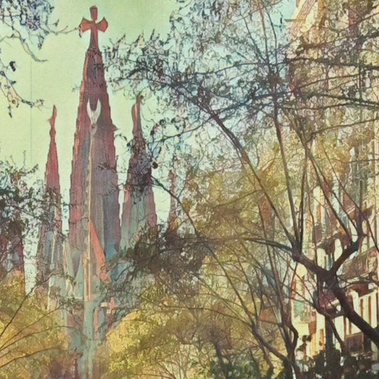 Barcelona Sagrada Familia poster detail showing basilica towers framed by trees, vintage travel poster style by Alecse