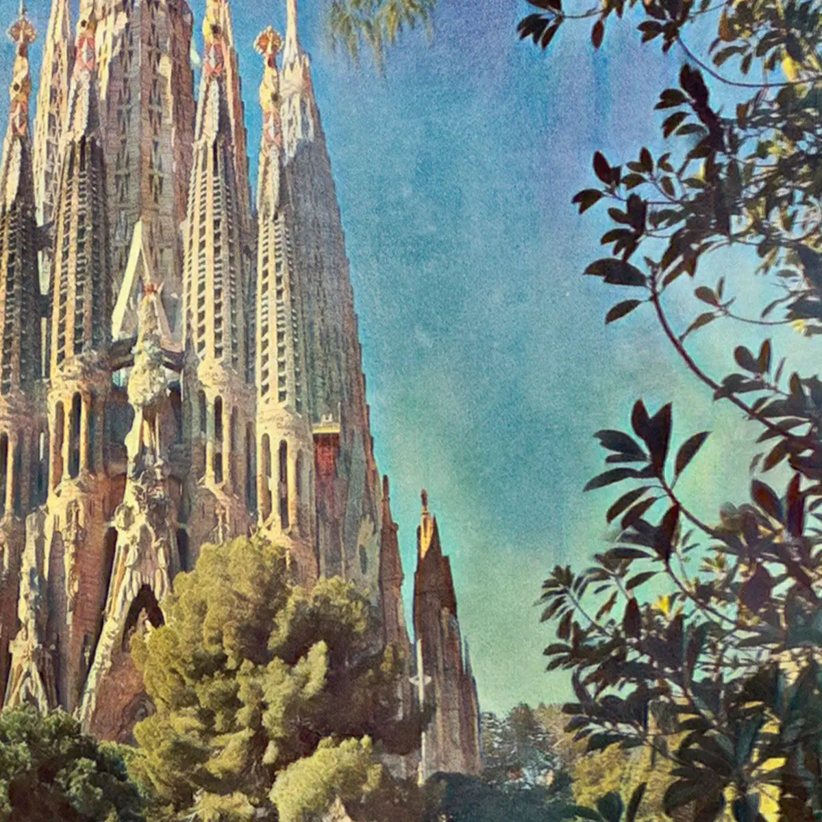 Sagrada Familia Barcelona poster detail featuring basilica towers framed by tree branches in vintage halftone style
