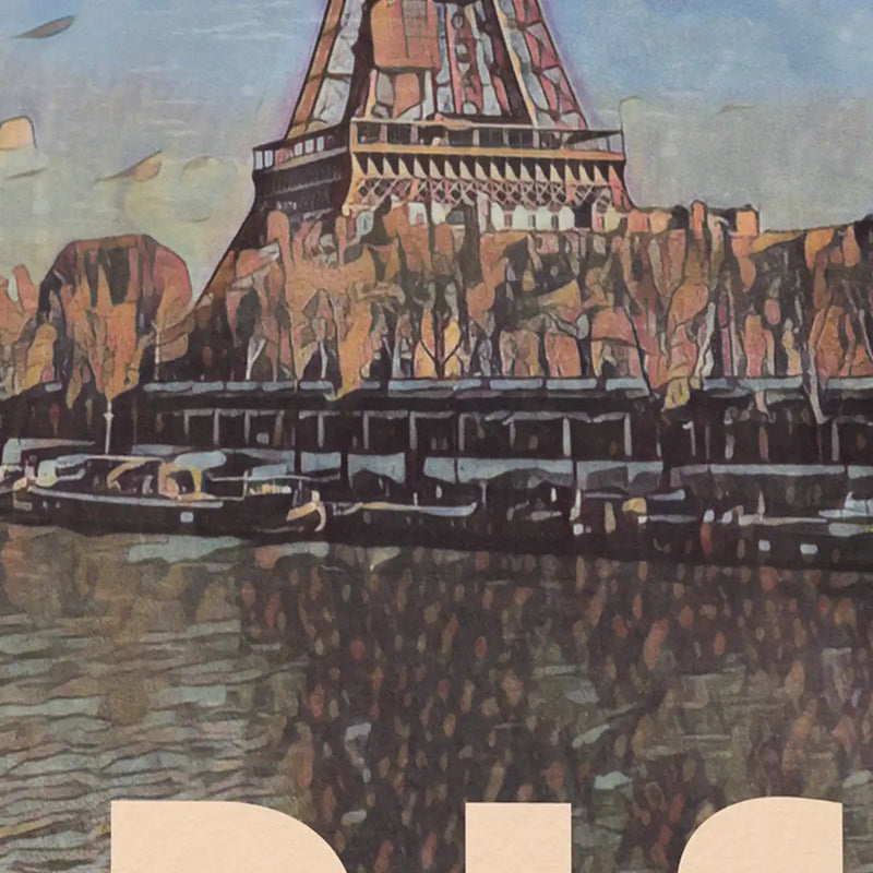 Close-up of the Eiffel Tower and reflections on the river in the Paris collector poster