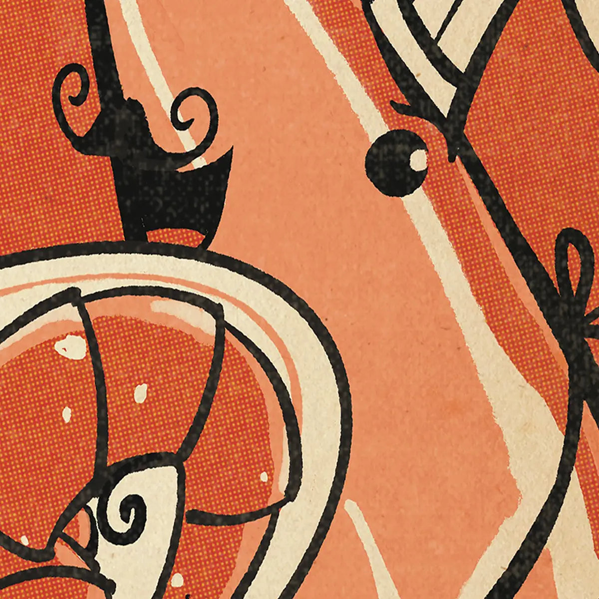 Close-up detail of Gambas Poster La Cantina showing the smiling shrimp chef illustration with retro halftone texture and warm Mediterranean colours