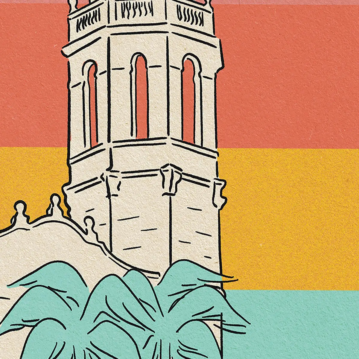Detail of Sitges Rainbow poster featuring vibrant rainbow colours surrounding the iconic Sitges skyline