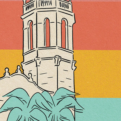 Detail of Sitges Rainbow poster featuring vibrant rainbow colours surrounding the iconic Sitges skyline
